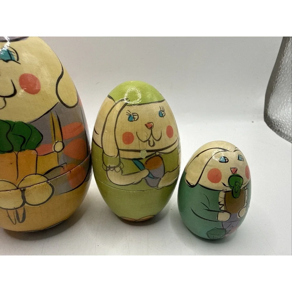 VTG Bunny Rabbit Russian Nesting Dolls Set of 5 Hand Painted Wooden Easter 5